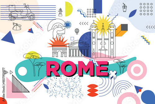 Rome culture travel set, famous architectures and specialties in flat design. Business travel and Memphis concept isolated on white background. Image for presentation, banner, website, app, advert