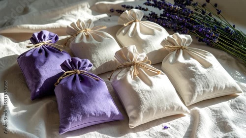 Three bags of dried lavender three small fabric bags filled with dried lavender blossoms offering gentle floral aroma