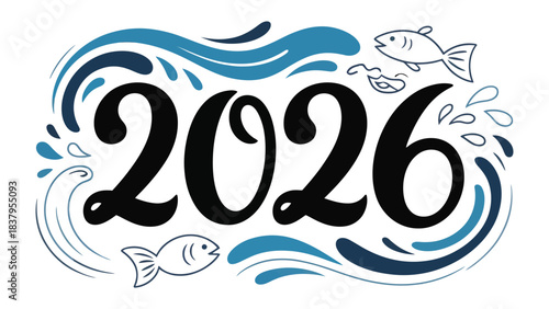 New Year Concept 2026: An illustration showcases the upcoming year amidst aquatic elements. It represents anticipation and possibilities