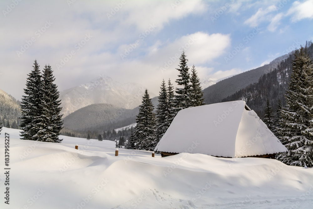 Fototapeta premium Small Mountain Cabin In Snow With Trees And Mountains Forest Landscape, Peaceful Winter Nature Travel Scene For Christmas Card, Holiday Card, Winter Break
