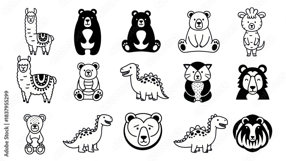 Obraz premium Cartoon animal collection illustrations in black and white style for design