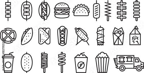 Collection of black and white line art icons representing various fast food items and a food truck food icons