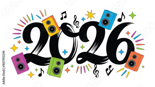 2026 Celebration: An artistic and celebratory display featuring the year 2026, music notes, and speakers, symbolizing a vibrant and upcoming event.