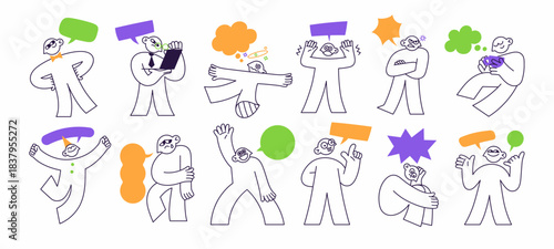 Outline doodle set of abstract character with empty speech bubbles. Person with thoughts' tags talks. Man with different emotions: happy, sad, angry. Flat isolated vector illustrations on white