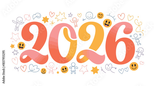 Celebrating the Year 2026: A vibrant and colorful illustration of the year 2026, surrounded by playful doodles and cheerful icons, capturing a sense of anticipation and optimism. 