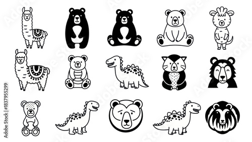 Cartoon animal collection illustrations in black and white style for design