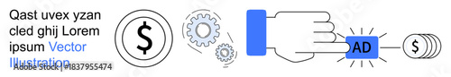 Online advertising, digital revenue, pay-per-click, monetization, e-commerce, business growth. Hand pressing AD button with dollar symbols and gears. Online advertising and digital revenue concept