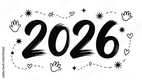 Year 2026: A playful artistic rendition of the year 2026, embellished with whimsical elements like hearts and stars, and hand prints ,evoking a sense of anticipation and a glimpse into the future.