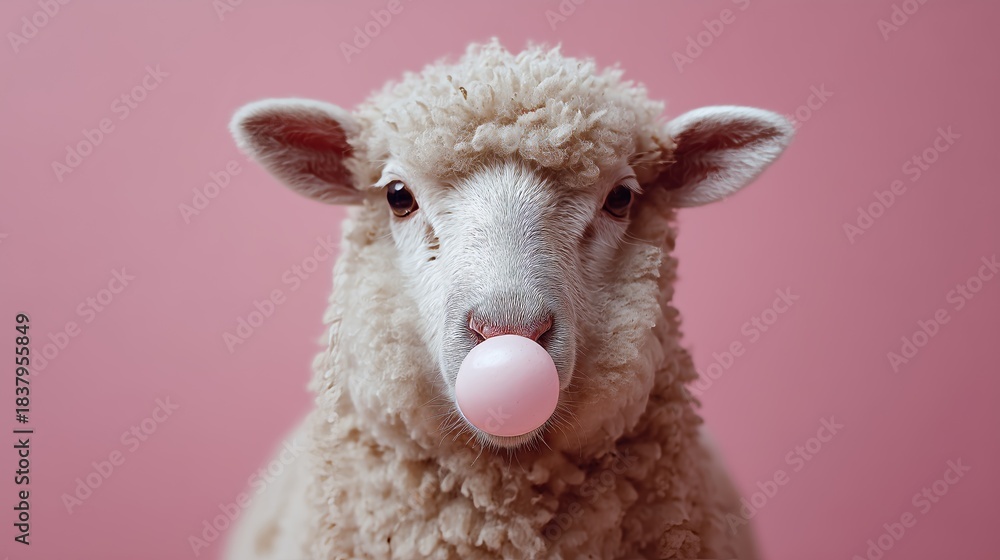 Obraz premium A playful sheep humorously blows pink bubblegum against a pastel pink background, creating a fun and whimsical scene.