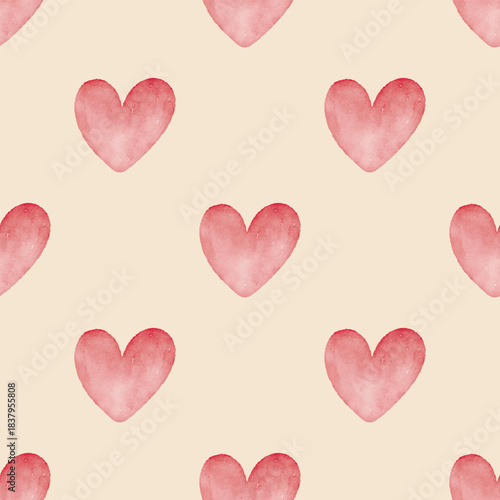 Seamless pattern with watercolor hearts. Beige background with red hearts. Cute print for textiles, paper, packaging. Fabric, vector graphics
