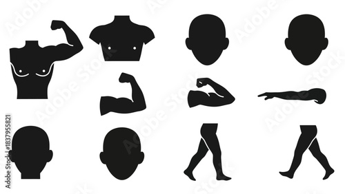 Black silhouette body parts illustration set for various conceptual designs
