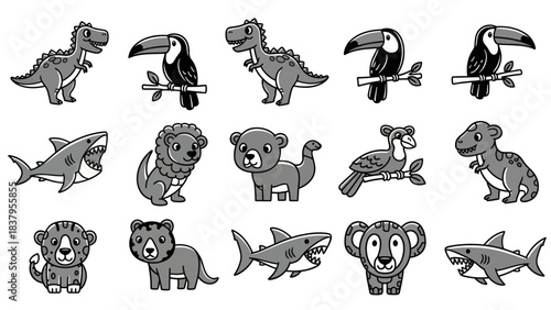 Cartoon animal collection illustrations in black and white style for design