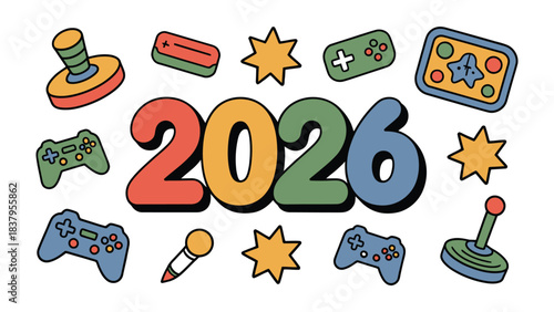 Future Gaming Trends: Illustration featuring game consoles and accessories, playfully set against a backdrop of the year 2026. This artistic expression captures the essence of future gaming trends.