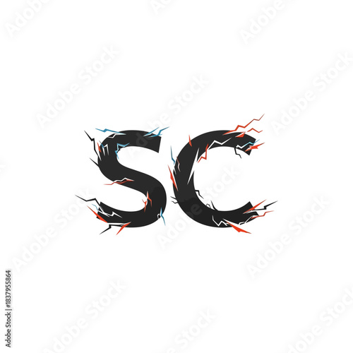 Stylized black letters SC with red and blue electric sparks on a white background.