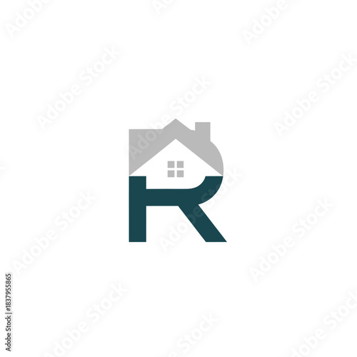 A modern logo featuring a stylized letter R integrated with a house roof design in grey and dark teal, representing real estate or home services.