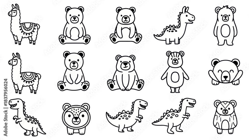 Obraz premium Cartoon animal characters collection in various poses black and white vector set