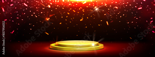 Golden podium with falling confetti, 3d background