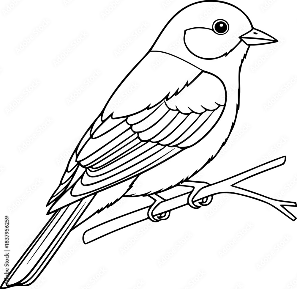 Fototapeta premium Simple outline drawing of a bird perched on a branch 
