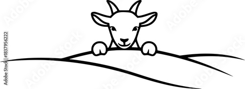 Cute baby goat peeking over hill in simple line drawing style
