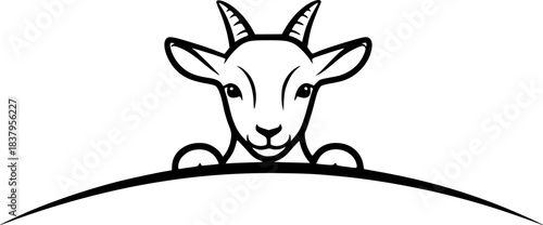 Cute baby goat peeking over hill in simple line drawing style

