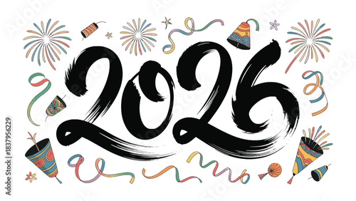 New Year 2026 Celebration: A vibrant and celebratory design spells out the year 2026 amidst colorful confetti, fireworks, and festive party poppers.