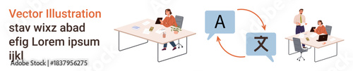 Translation services, remote work, globalization, language learning, professional communication, teamwork. Workers at desks with translation arrows and language symbols. Translation services
