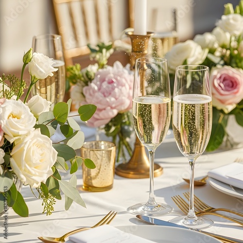 Elegant wedding reception table setting with champagne flutes and floral arrangements.
