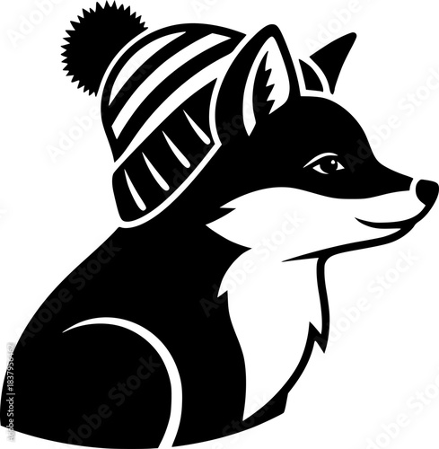 Adorable fox in winter hat: cute animal outline for coloring pages