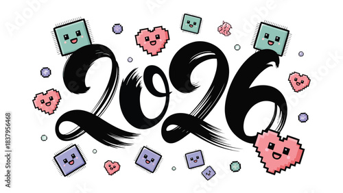 2026 Typography Design: An illustration of the year 2026, creatively designed with a celebratory flair, decorated with joyful hearts and cute squares, signaling anticipation for new beginnings.