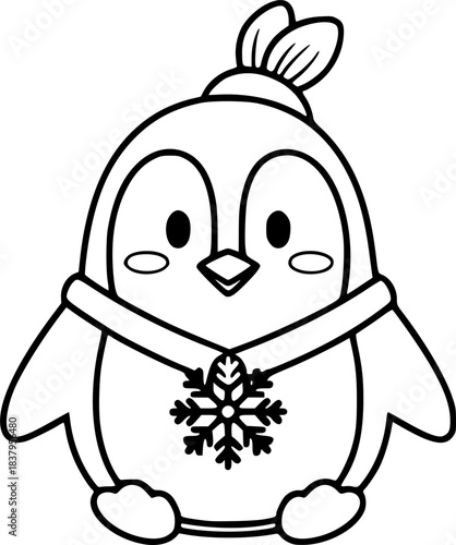 Cute penguin outline with snowflake for coloring and crafts