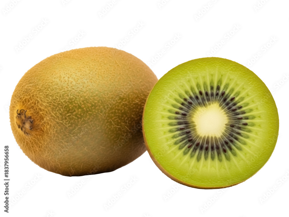Obraz premium Isolated Golden kiwi fruit whole and cut cross section, healthy food, still life, nutrition