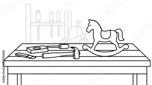 Festive toy workshop table with hammer and rocking horse outline art