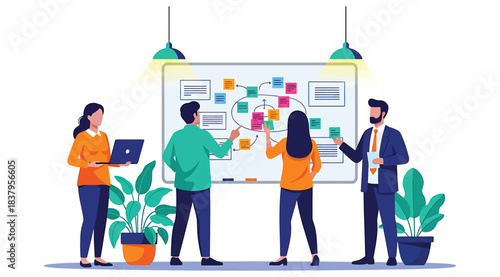 Illustration of four professionals collaborating in front of whiteboard filled with sticky notes and diagrams, symbolizing brainstorming, planning, and teamwork in a modern creative office setting