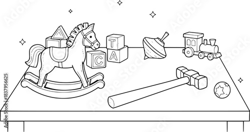 Festive toy workshop table with hammer and rocking horse outline art