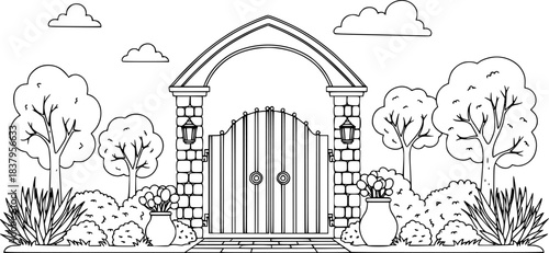 Simple garden gate and trees in black and white outline style
