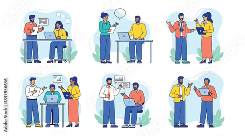 Illustration of six workplace scenes showing pairs of professionals collaborating, presenting, and discussing tasks with laptops, tablets, and clipboards in a modern office environment