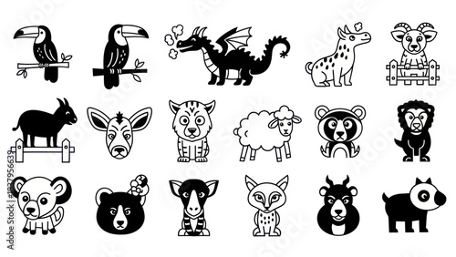Cartoon animal collection illustrations in black and white style for design elements