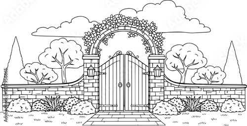 Simple garden gate and trees in black and white outline style
