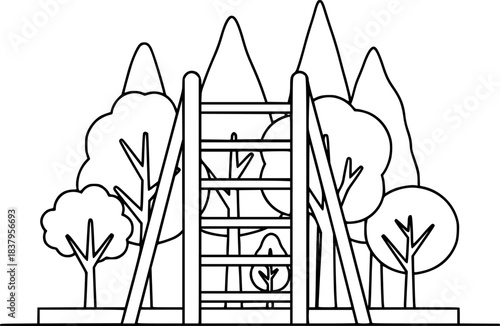 Playground ladder with trees in simple line art style for coloring book