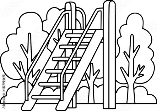 Playground ladder with trees in simple line art style for coloring book
