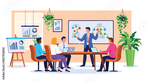Illustration of five professionals in modern office setting with laptops and whiteboard charts, symbolizing teamwork, data analysis, and strategic planning in a collaborative business environment
