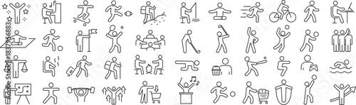 ベクターでモノクロのアクティブな人に関する線画アイコンセット
