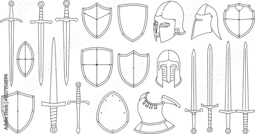 Collection of medieval swords shields and helmets outline drawings knight