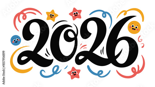 New Year's Eve 2026: The image shows playful illustration, perfect for invitations, greetings, and promotional content. Featuring the year 2026 written with a festive design, conveying excitement.