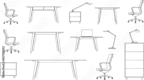 Collection of minimalist line drawing office furniture including desks chairs lamps and cabinets vector