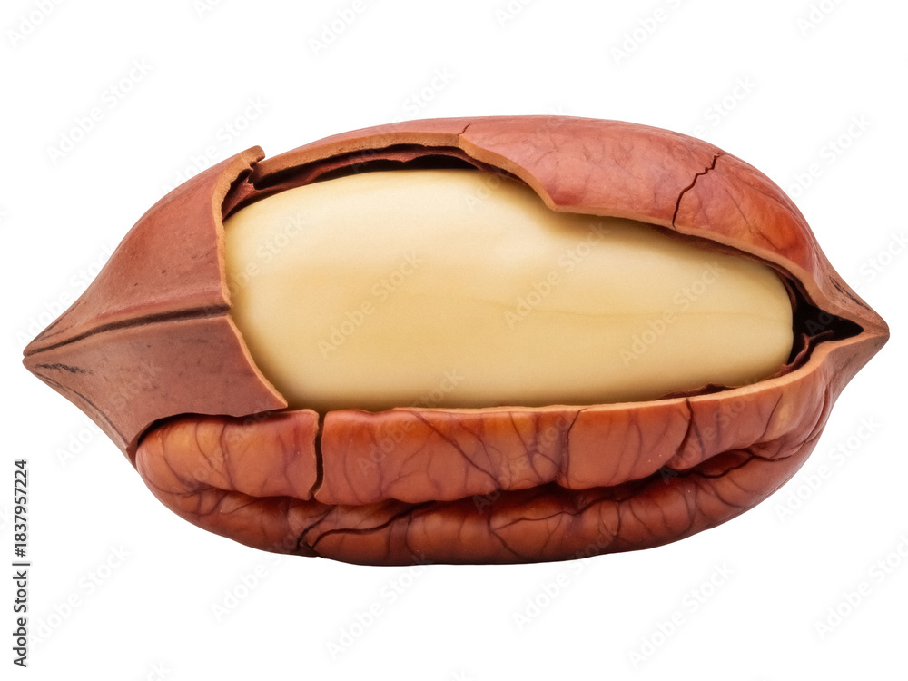 Obraz premium Isolated pecan nut split open showing nutmeat, a tasty snack to eat, raw or cooked, for dessert