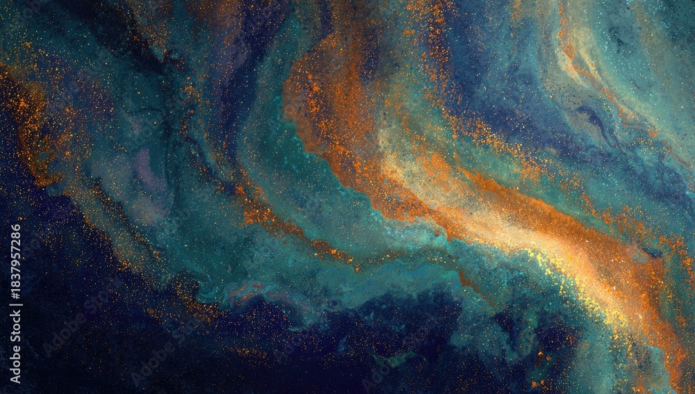 Naklejka premium Abstract swirling artwork with hues of teal, navy, and gold, creating a fluid effect