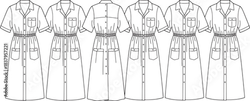 Line art fashion illustration of button front shirtdresses with pockets vector