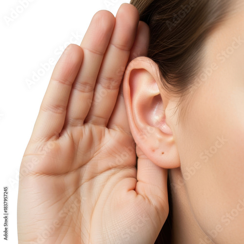 Close-up of a person cupping their ear to listen intently attentively