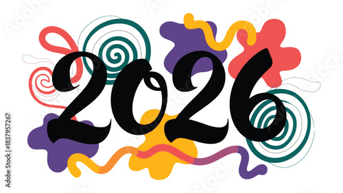 Celebrating New Year 2026: An eye-catching graphic spells out the year with a vibrant and playful design. The numerals 2026 takes center stage.